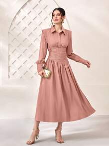 Modelyn Solid Ruched Waist Shirt Dress - Pink - View 1