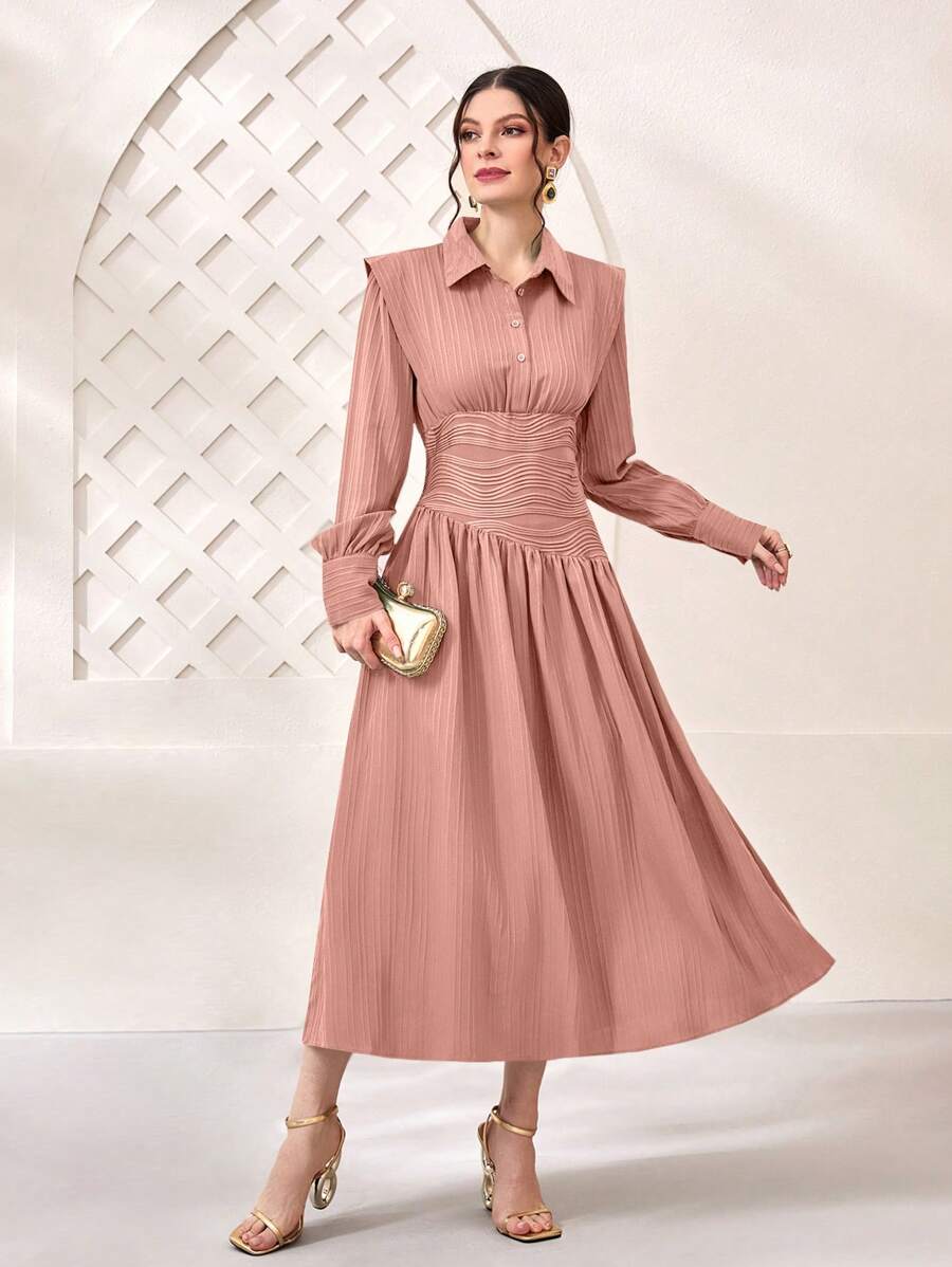 Modelyn Solid Ruched Waist Shirt Dress - Pink - View 1