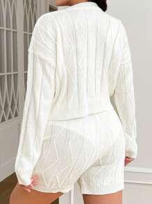 SHEIN EZwear Hơn Xoắn Dan Thả vai Áo len & Quần đùi dệt kim - trắng - Xem 2