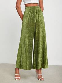 BELANGE HANDMADE 素色褶皺闊腿褲 - 綠色 - 查看 5