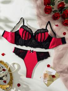Conjunto de lencería de sujetador con aros y encaje de contraste talla grande tanga - Multicolor - Ver 1