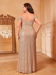 Faeriesty Plus Cold Shoulder Split Thigh Sequin Prom Dress Elegant Formal Evening Wedding Guest Gown, For Graduation, Dinner Party Dress - Apricot - View 2