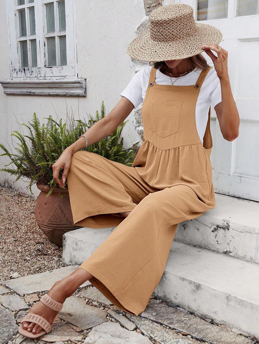 SHEIN LUNE 素色闊腿背帶連身褲不帶T恤 - 棕色 - 查看 1