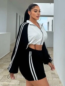 SHEIN SXY 條紋圖案側插肩袖抽繩下擺短夾克&包臀半身裙 - 黑與白 - 查看 3