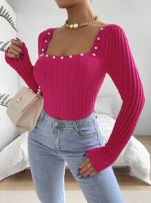 Chiquease Faux Pearls Beaded Square Neck Ribbed Knit Pullover Fall Winter Sweater - Hot Pink - View 5