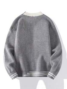 Men Patched Detail Striped Trim Drop Shoulder Sweater - Grey - View 2