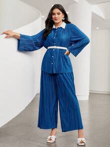 Mulvari Plus Contrast Collar Shirt & Wide Leg Pants