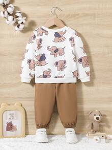 SHEIN Baby Boy Elephant Print Sweatshirt & Sweatpants - Brown - View 2