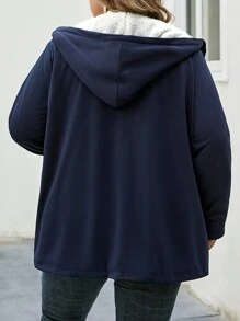 SHEIN LUNE Plus Dual Pocket Teddy Lined Hooded Coat - Navy Blue - View 2