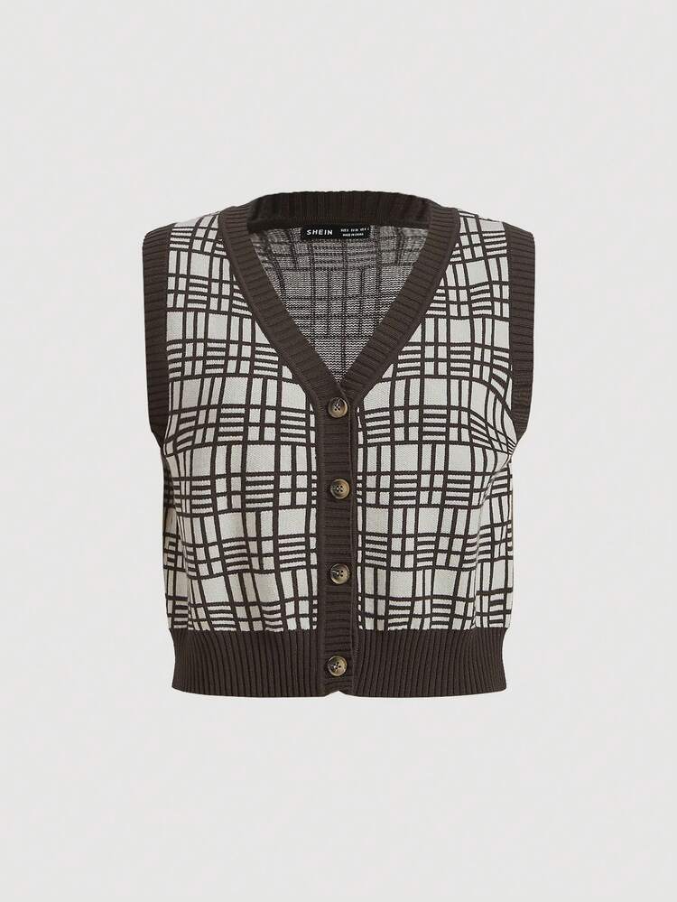 Plaid Pattern Button Placket Sweater Vest Without Shirt