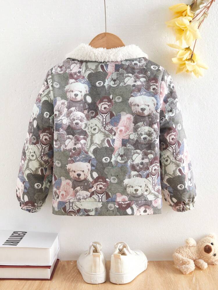 Young Boy Allover Bear Print Teddy Lined Hooded Jacket