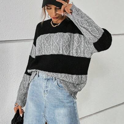 컬러 블록 드롭 숄더 스웨터