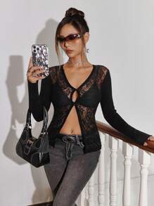 SHEIN ICON 前紐扣蕾絲開襟衫不附胸罩 - 黑色 - 查看 5