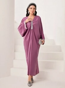 Al Najma Contrast Trim Batwing Sleeve Kaftan - Pink - View 5