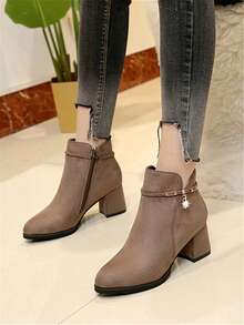女士絨面側拉鍊鑲鑽裝飾時髦短靴,冬季新款復古高跟踝靴 - 咖啡棕 - 查看 1