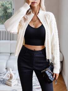 SHEIN Clasi Xoắn Dan Thả vai Dây kéo Áo len Mở - trắng - Xem 3