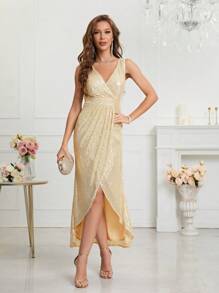 Sequin Wrap Dress, Elegant Cocktail Party Dress, Suitable For Wedding Guest, Formal Occasion, Birthday, Graduation, Dinner, Homecoming, Bridal Gown - Gold - View 2