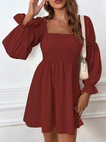 SHEIN Frenchy 方領喇叭袖洋裝 - 橘色 - 查看 1