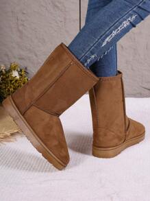 女士纯色羊毛中筒保暖雪地靴，时尚软底保暖内衬雪地靴，防滑舒适冬靴 - 棕色 - 查看 6