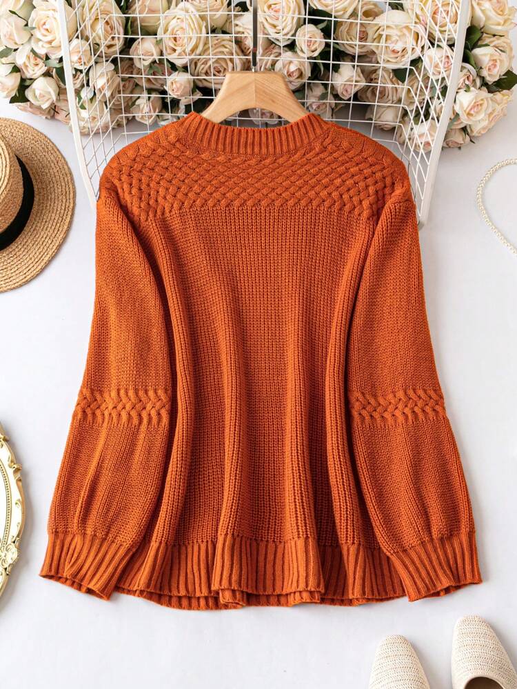 Plus Size Women Solid Color Knitted Round Neck, Lantern Sleeve Casual Simple Pullover Sweater, Autumn/Winter Fall