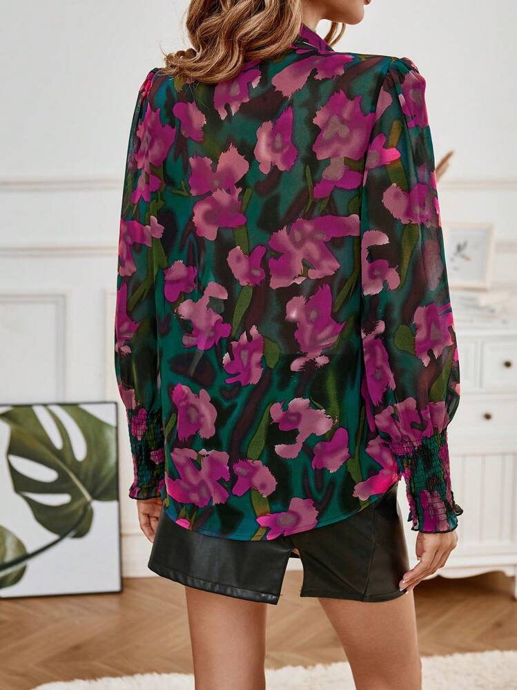 SHEIN Clasi הדפס פרחוני כפתור קדמי חולצה - ריבוי צבעים - ראה 3