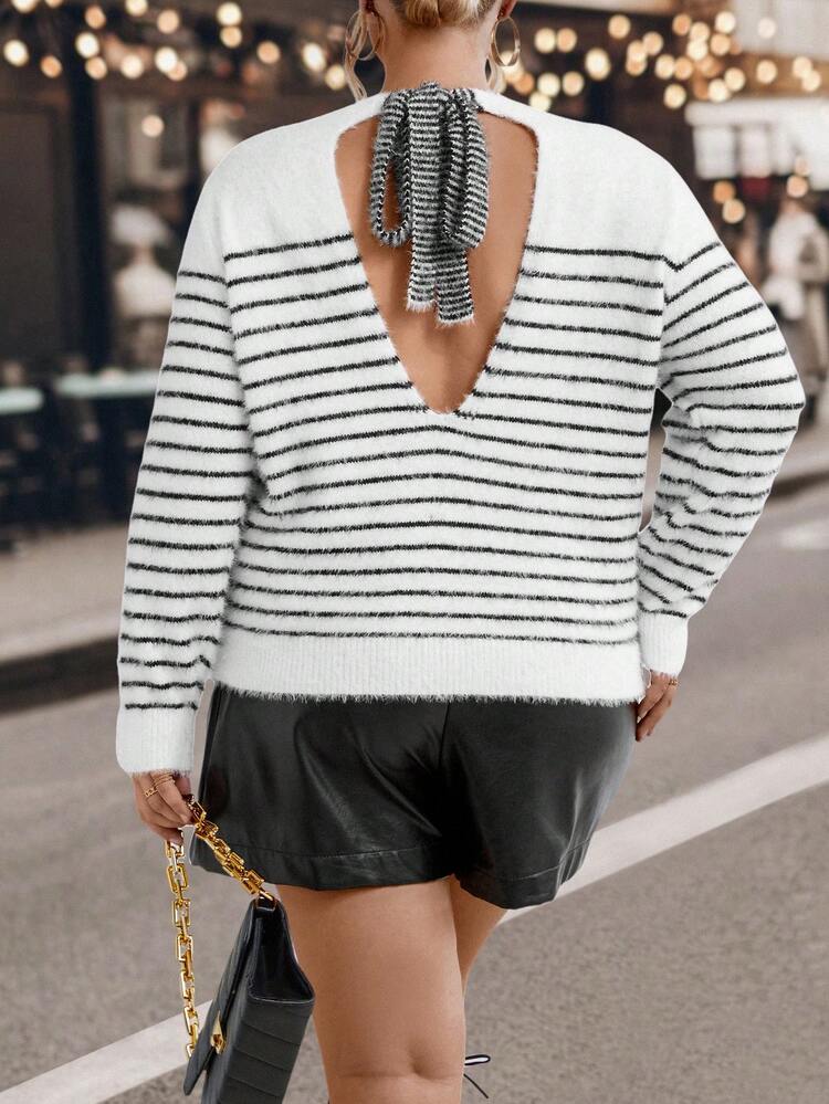 Plus Striped Pattern Drop Shoulder Sweater Knit Pullover Fall Winter Sweater