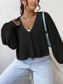 SHEIN Qutie 大碼落肩袖條紋針織開襟衫 - 黑色 - 查看 3