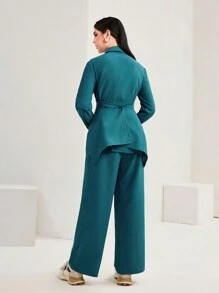 Mulvari 素色十字交叉襯衫和闊腿褲 - 水鴨藍 - 查看 2