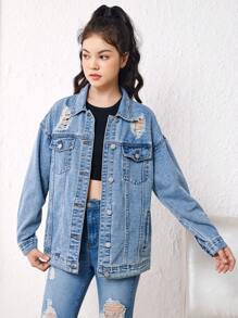 Chica adolescente Cazadora mezclilla desgarro de hombros caídos - Azul lavado medio - Ver 5