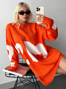EURMUSE Letter Pattern Drop Shoulder Sweater - Orange - View 1
