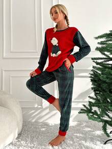 RueChic Bear Embroidery Plaid Print PJ Set - Red - View 5