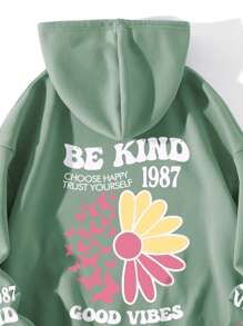 INAWLY Áo nỉ giữ nhiệt có dây rút, cỡ lớn, in họa tiết hoa và khẩu hiệu, lót lông. - Màu xanh Bạc hà - Xem 3