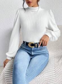 SHEIN Frenchy 白色纹理面料立领灯笼袖 T 恤 - 白色 - 查看 1