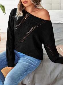 Calvaya Plus Pointelle Knit Drop Shoulder Sweater - Black - View 4
