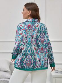 SHEIN Clasi Talla grande Camisa con estampado de paisley con botón delantero - Verde - Ver 2