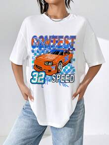 SHEIN EZwear Camiseta con hombros caídos y estampado de letra y coche - Blanco - Ver 4