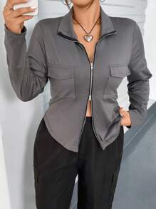 Flirla Plus Flap Pocket Zip Up Curved Hem Tee - Grey - View 1