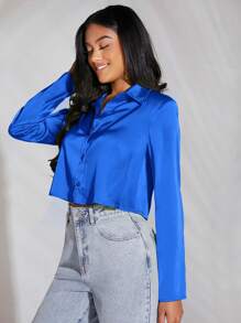 SHEIN BAE Solid Button Front Satin Shirt