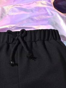SHEIN 女大童側翻蓋口袋腰部抽繩工裝衛褲 - 黑色 - 查看 4