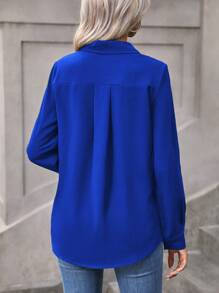 EMERY ROSE Solid Button Front Shirt,Long Sleeve Tops Fall Cloth For Women - Royal Blue - View 2
