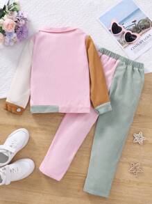 SHEIN Garota Jovem Bloco De Cores Bolso Duplo Cordão Jaqueta & Calças