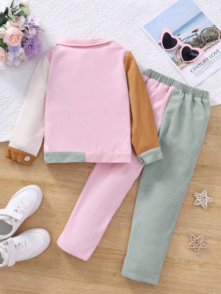 Young Girl Colorblock Dual Pocket Cord Jacket & Pants