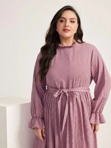 Seusyu 大碼褶邊喇叭袖繫腰帶洋裝 - 紫丁香色 - 查看 5