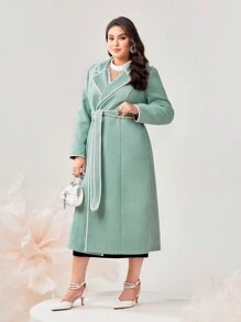 Modelyn Plus Contrast Binding Belted Overcoat - Mint Green - View 3