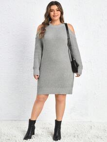 SHEIN LUNE Talla grande Vestido de punto de hombros descubiertos tejido de canalé - Gris - Ver 4
