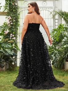 Plus Floral Appliques Split Thigh Mesh Tube Party Dress Black Elegant Formal Evening Prom Wedding Guest Gown, For Graduation, Dinner - Black - View 2