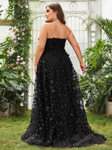 Plus Floral Appliques Split Thigh Mesh Tube Party Dress Black Elegant Formal Evening Prom Wedding Guest Gown, For Graduation, Dinner