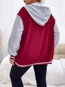 Calvaya Plus Colorblock Drop Shoulder Drawstring Hooded Jacket - Burgundy - View 2