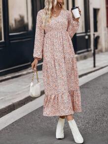 SHEIN LUNE Ditsy Floral Print Lantern Sleeve Ruffle Hem Dress - Pink - View 4