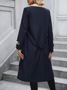 SHEIN LUNE Contrast Panel Lapel Collar Belted Trench Coat - Navy Blue - View 2